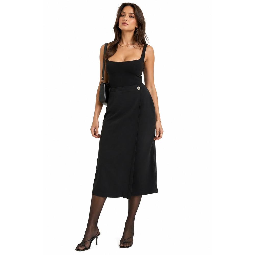 90s Femme Minimalist Black Wrap Look Midi Skirt Large Date Night Office Siren